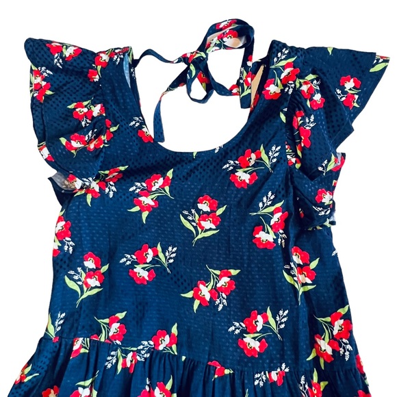 Jill Stuart Women’s NEW Sz XS Red Blue Floral Flutter Sleeve Tiered Ruffle Dress - Picture 4 of 9